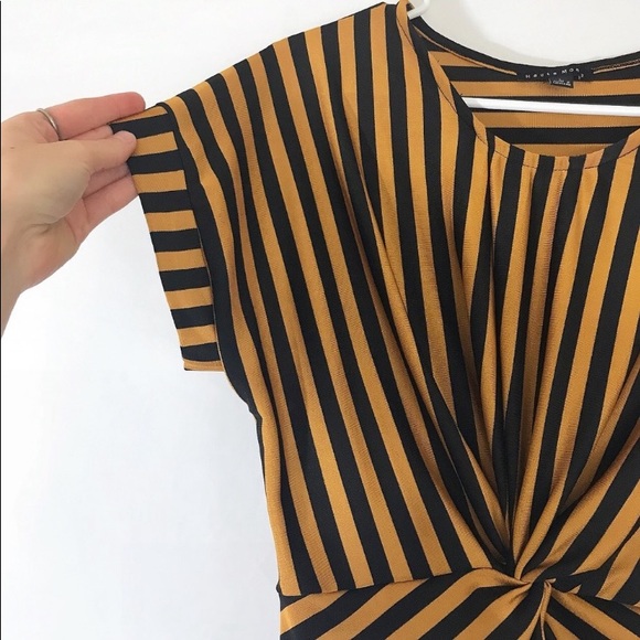 NEW HAUTE MONDE SEXY YELLOW BLACK STRIPED MIDI DRESS SZ MED ROCKABILLY PINUP - Picture 7 of 10